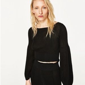 Zara Ribbed Knit Sweater with Puff Sleeves Black